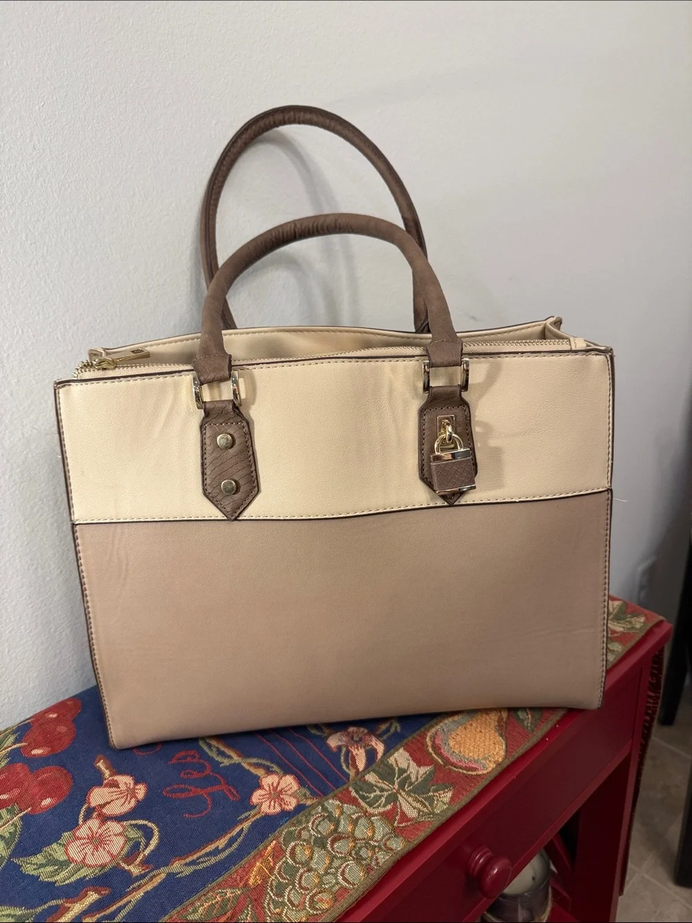 Two-Tone Beige and Cream Structured Tote Bag